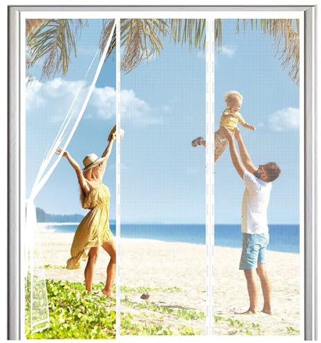 Schiebetür Magnetisch Türe Insektengitter Lamellenvorhang 105x205cm fliegentüren Winddicht Automatisch Verschließen Moskitonetz, für Balkontür, Terrassentür oder Wintergarten Weiß