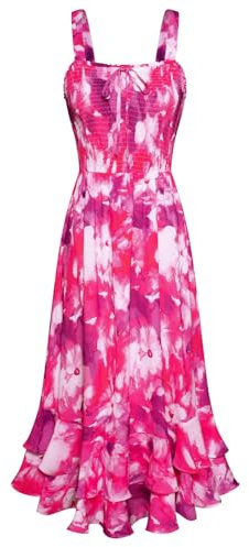 GRACE KARIN Robe longue d'été à bretelles florales pour femme, col carré, ourlet double couche, smocké, Fleur floue violette et rose, XXL