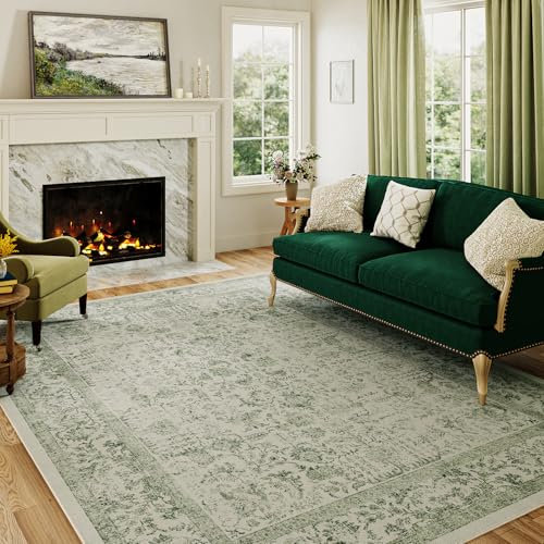 Vintage Grün Waschbarer Teppich Wohnzimmer 150x210cm Retro Rugs for Living Room Weich rutschfest Groß Tepich Kurzflor Schlafzimmer Carpet Living Room Bedroom Esszimmer Teppiche Büro
