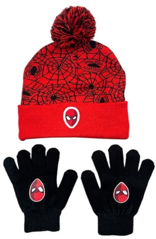 Ensemble Bonnet Spider-Man avec Pompon et Gants, Motif Toile d'Araignée Rouge et Noir, Accessoires d'Hiver, Bonnet pour enfant, taille unique (52/54cm)