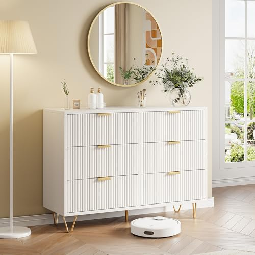 KEFSR Cassettiera bianca, cassettiera moderna, 6 cassetti, in legno con manici dorati, cassettiera per camera da letto, piccola scanalata (6 cassetti)