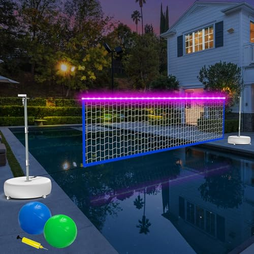 Alpcouts Filet de volleyball de piscine avec lumières solaires colorées, filet de volleyball portable d'extérieur lumineux à DEL pour piscine de 4,6 à 9,8 m de longueur réglable, ensemble de jeu de