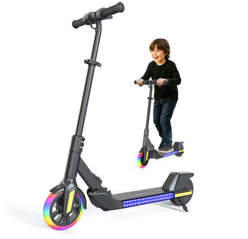Trottinette électrique Pliable pour Enfants (6 à 14 Ans), Vitesse maximale 16 km/h, portée 8 km, Roue Avant de 7 Pouces avec Fonction Auto-éclairante, Roue arrière de 6 Pouces (Noir)