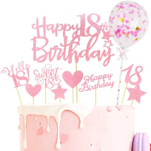 Catelves Tårtdekoration 18-årsdag flicka pojke, 10 st rosa glitter tårtdekoration 18-årsdag flicka, Happy 18th Birthday Cake Topper, Sweet 18 Tårt Deko Födelsedagsdekoration 18 år Cupcake Topper