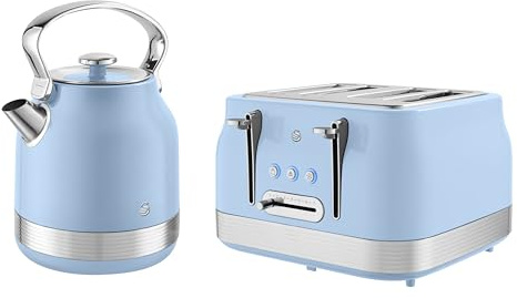Swan Retro Kitchen Set, 1.7L Rapid Boil Kettle with 360 Degree Base, 3000W, and 4 Slice Toaster with 7 Browning Levels, 1860W, Blue, SK14631BLU & ST19029BLU