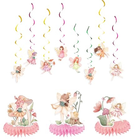 19 decoraciones de hadas con remolino y panal, centros de mesa, decoración para magdalenas, decoración de cupcakes, decoración de cumpleaños para niñas, fiestas de té de la tarde
