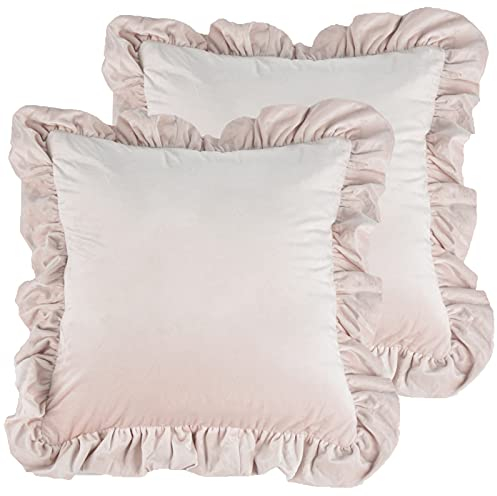 Jemiipee 2er Set Kissenbezug 50x50 cm Kissenhülle für Sofa Dekorative Kissenbezüge aus Samt Dekokissen Sofakissen Couchkissen Samtkissenbezug Deko Zierkissenbezug mit Rüschen, Hell-Pink