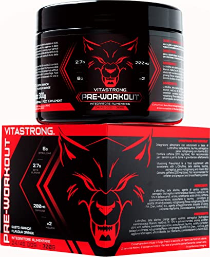 Pre Workout Potente 300g, Preworkout Vegan con Vitamina B12, L Citrullina, Beta Alanina, Caffeina, Taurina, AstraGin, Vitastrong Pre Workout Made in Italy (24 Porzioni (Confezione da 1), Orange)