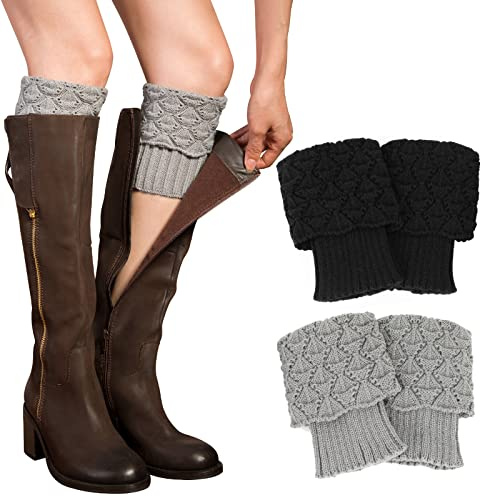 PHOGARY 2 Paia Scaldamuscoli Donna Ragazze Calzettoni Ginocchio Calze Invernali Stivali, 2 Colori Scaldamuscoli a Maglia Calzini Crochet Polsini Ballet Stivali Calze (Nero+Grigio Medio)