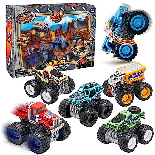 Team Power Monster Trucks Toys for Boys and Girls, 4-Wheel Drive Friction Powered 6-Pack Push and Go Toy Cars with Giant Wheels, 360° Crazy Stunts, Age 3, 4-7 and Above [Amazon Exclusive] (6 Pack)