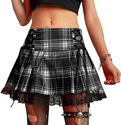 SEAUR Gotisk kjol dam, svart, kort, punk minikjol, steampunk, kjol, cosplay, party, klubb, slitage, hög midja, A-linje, spets, veckad kjol – S, M, L, XL, A01# rutig svart, L