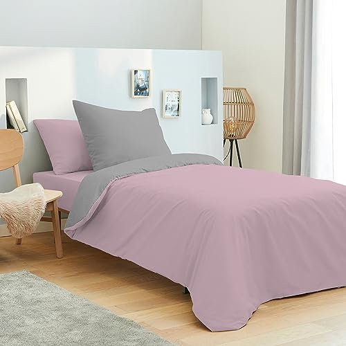 UNIVERSDECOR - Set completo di 4 pezzi bicolore reversibile copripiumino 140 x 200 cm per letto 90 x 190 cm, 100% cotone, 57 fili/cm²
