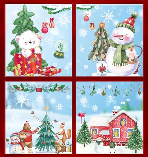 9 Blätter Fensterbilder Weihnachten Selbstklebend, Aquarell Doppelseitig PVC Fensterdeko, Wiederverwendbar Weihnachtsdeko Fensterbilder Selbstklebend, Kinder Fensterfolie Winter Weihnachten Deko