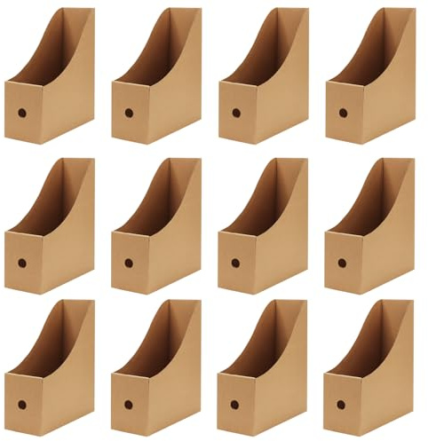 JOIKIT 12-Piece Kraft Magazine Files, 26 x 9 x 27cm Cardboard Magazine Rack with Labels Divider Desktop Organizer for Dormitory, Office, Home