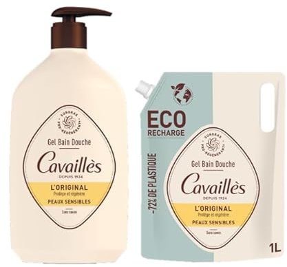 ROGÉ CAVAILLÈS | Gel bain douche - L'Original | Nourrit & Protège la peau | Nettoie en douceur | Peaux sensibles | Sans savon | 100% plastique recyclé | Pack : Gel bain douche 1L + éco-recharge 1L