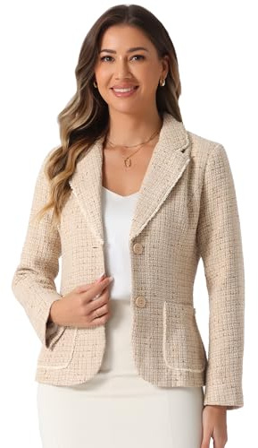 Allegra K Mujer Chaqueta de Tweed a Cuadros con Solapa de Muesca Elegante | Blazer de Manga Larga