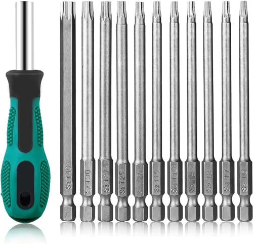 JOLIGAEA 11 Pièces T6-T40 Tournevis Torx, Embouts de Tournevis à Tête Torx Magnétique en Acier S2 100 mm de Long, Embout de Vissage Magnetique T6-T40 avec Poignée, Tige Hexagonale de 1/4