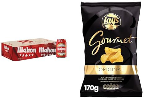 Mahou 5 Estrellas, Pack de 28 Latas x 33 cl, Cerveza Especial Dorada Lager Con Sabor 5 Estrellas, 5.5% Volumen de Alcohol + Lay's Gourmet Patatas Fritas con Sal, 170g, Sabor Salado