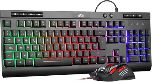 Rii RK900+ Gaming Combo de Teclado y Ratón con Cable, Gran tamaño, Sensación mecánica, Retroiluminación LED Multicolor, Layout Español
