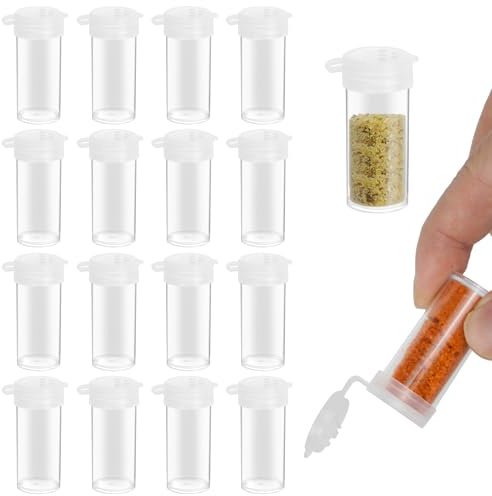 Juego de 20 mini saleros con etiquetas, 6 g de plástico con tapa con bisagras, mini coctelera extragrande, dispensador de especias, salero transparente, pequeño para viaje, camping, especias para