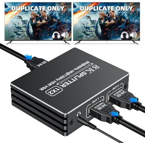 BolAAzuL Splitter HDMI 2 Sorties 1 Entrée, Répartiteur HDMI 2.1 4K 120Hz Repartiteur 8K 60Hz 1x2 avec Audio, Splitters pour Dual Moniteurs HDCP 2.3 HDR EDID Latence Zéro pour PS5/Xbox/PC/TV