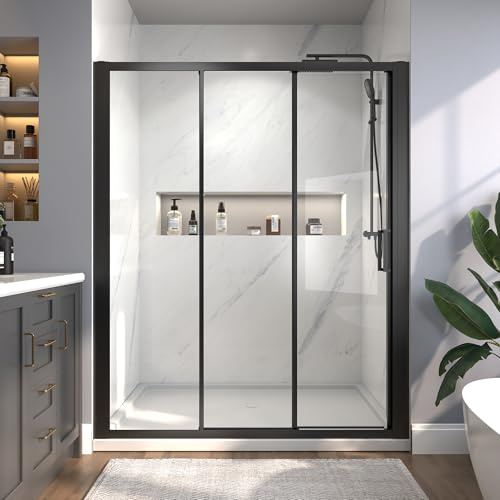 56-60 W x 70 H Tri-Fold Sliding Shower Door, 1/4 (6mm) Clear SGCC Tempered Glass Shower Door with Easy-Clean Coating, 32 1/8 Walk-in, No-Cutting Adjustment, Reversible Installation, Matte Black