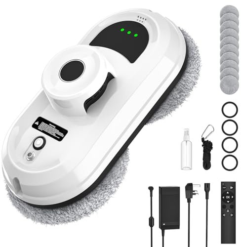 Robot Limpiacristales, 5600pa Limpia Cristales Electrico Ventanas, 3 Modos Limpieza, Navegación Inteligente, Mando a Distancia y 10 Paños, Limpiacristales Electrico para Ventanas, Espejos y Azulejos