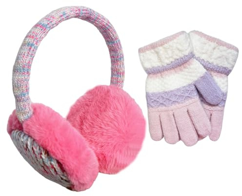 Girls Ear Muffs with Gloves, Kids Winter Furry Knitted Earmuffs, Plush Ear Covers Hands Warmers for Toddler Age 3-8 Outdoor Activities