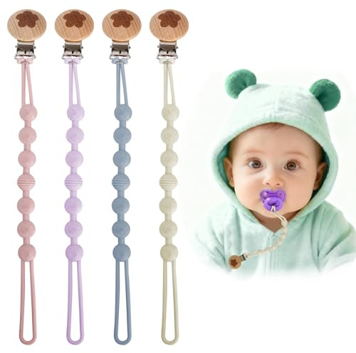 4 Stück Schnullerkette Silikon, Baby Schnullerketten Clip, Schnullerkette MäDchen und Junge, Tragbarkeit Schnullerband Passend für Lätzchen, Kinderwagen (Rosa, Graublau, Lila, Beige)