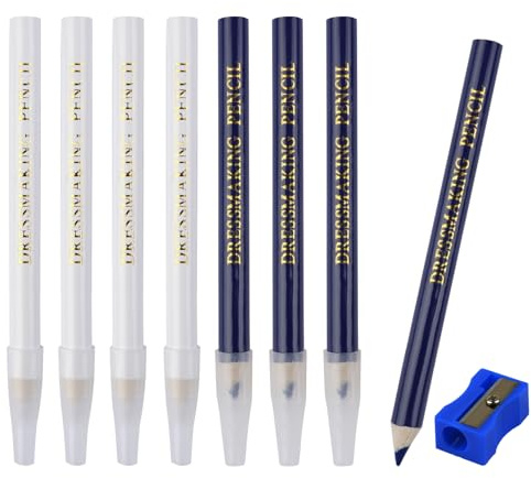 Neerow 8 pcs Tailors Chalk Pencil for Fabric Marking, 8.8 cm Fabric Pencil with Sharpener and Cap, 2 Colors Tailoring Tracing Tools for Sewing, Quilting, Dressmaking, Crafting (Blue, White)
