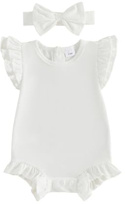 Newborn Baby Girl Summer Outfits Solid Color Ruffled Bodysuit Flying Sleeve Round Neck Flutter Solid Color Ruffles Romper Jumpsuit And Bow Headband 2 Piece Summer Babyset (White, 0-3 Months)