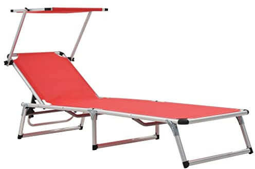 QJBSAVVA Sdraio pieghevole con tettuccio parasole, in alluminio e textilene, schienale regolabile, per giardino, balcone e spiaggia, 186 x 58 cm, sdraio a tre gambe, rosso
