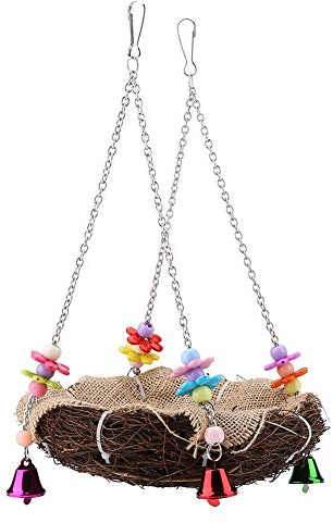Rattan Vögel Nest mit Papagei Spielzeug – Klettern und Kauen für Bunte Vögel, Käfige, Stroh Stangen mit Hängen und Glocken (L)