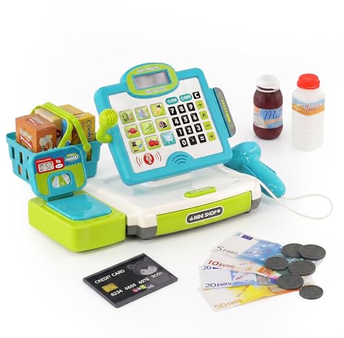 The Magic Toy Shop Kids Electronic Toy Cash Register with Scanner - Working Calculator, Pretend Food, Lights & Sounds - Supermarket Role Play, Learning Math, Toddlers, 3+