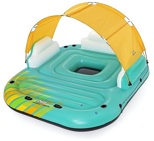 Bestway Hydro Force Sunny 5 Person Inflatable Large Floating Island Lake Water Lounge Raft with Cup Holders and Removable Sunshade, Green