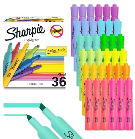 Sharpie Tank Highlighters, Chisel Tip, 12 Assorted Fashion Colors, Value Pack, 36 Count - For Studying, Note-Taking, School, College, Office, Student & Teacher Supplies