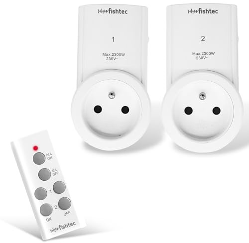FISHTEC Funksteckdosen, 2 Stück, Fernbedienung mit Fernbedienung, einfache Bedienung, Kinderschutz, individuelle oder globale Steckdosenkontrolle, Reichweite 30 m, Weiß