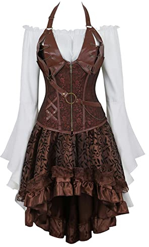 Grebrafan Corset Cuero Falda Fiesta y Blusa Pirata Burlesque Disfraces Corsés y Bustiers (EUR(36-38) L, Marrón)