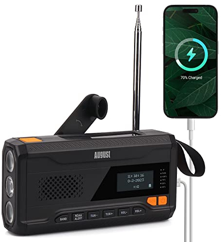 Emergency Hand Crank Radio - August MB291B - NOAA Portable Weather Radio & AM/FM Portable Power Bank 4500mAh with Solar Charging, Hand Crank & USB-C Charging - SOS Alarm, LED Flashlight & Reading Lamp