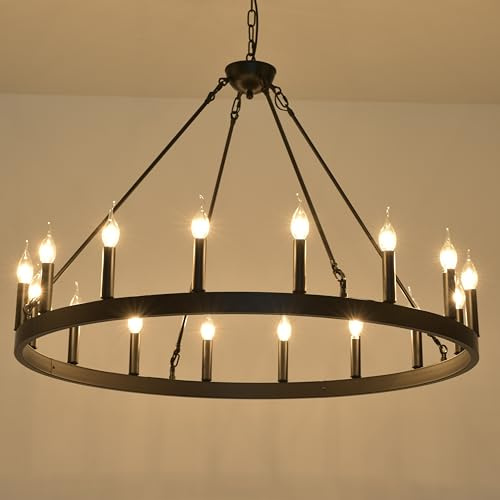 VIZBMYR Wagon Wheel Chandelier 40-inch, 20-Light Black Farmhouse Rustic Wagon Wheel Chandelier Industrial Round Ceiling Light for High Ceilings Living Room Dining Room Foyer Entryway Outdoor Porch