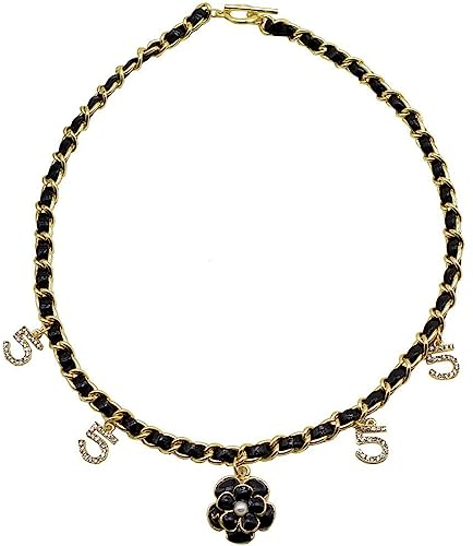 Vintage Kamelie Anhänger Halskette Strass Nummer 5 Anhänger Leder Golden Clavicle Kette Choker für Frauen und Mädchen Eleganter Schmuck Schwarz