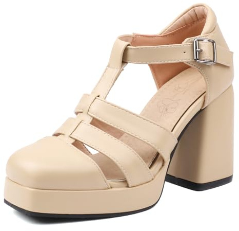 Lroey Reoly Sandalias de Mujer, Sandalias de Gladiador de Tacón Alto y Punta Cuadrada Hebilla Moda Tacón Chunky Sandalias T Strap con Plataforma, 136Oea Albaricoque Talla 45 EU