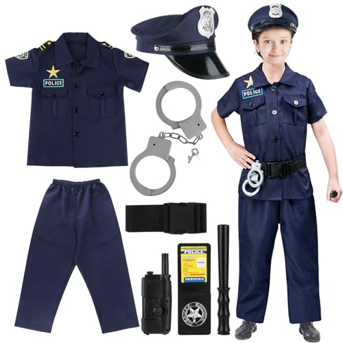 HIULLEN Polizei Kostüm Kinder mit Polizei Ausrüstung, Handschellen Kinder, 8 Stück Polizei Spielzeug mit Polizei Hemd Polizeiabzeichen Walkie Talkie Karneval Party für Kinder Jungen Mädchen
