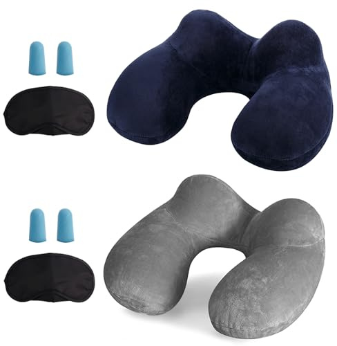 LUZWAY Almohada de Viaje Hinchable, Cojin de Viaje Cuello con Máscara de Ojos, Tapones y Bolsa, Inflable Cojin Cervical Viaje Almohada Cervical Viaje para Avión Tren Coche Bus