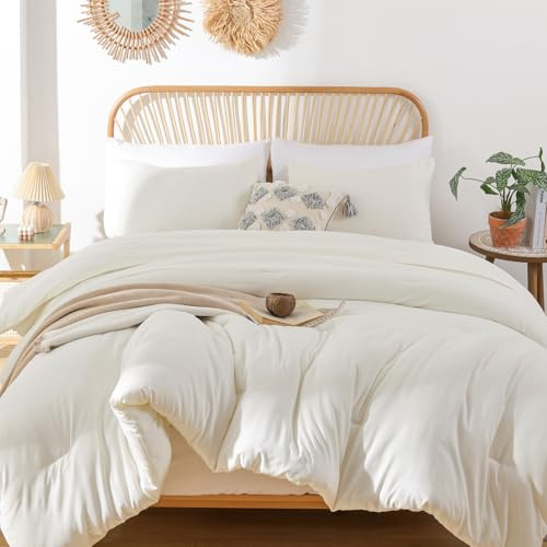 ROSGONIA Juego de edredón tamaño King, Color Marfil, 3 Piezas (1 edredón Bohemio y 2 Fundas de Almohada), Ropa de Cama para Todas Las Estaciones, Colcha Suave y Ligera