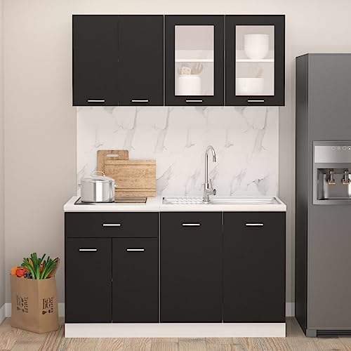 Homgoday 4-TLG. Küchenzeile Küchenschrank Einbauküche Küchenblock Hängeschrank Spülenunterschrank Schubunterschrank Küchen Schränke ohne Arbeitsplatte Schwarz Holzwerkstoff