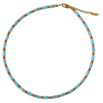 Ayoiow Damen Halskette Vergoldet Blau Orange Kette Lang Hochzeit Naturstein Perlenketten