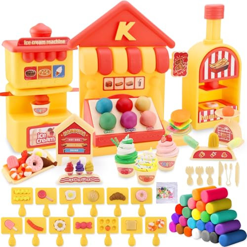 Crelloci 69 PCS Hamburger Ice Cream Maker Kitchen Creations Dough Set, Fast Food Restaurant Pretend Play Set, Play Food & Cooking Toys for Kids, Preschool Toys, Ages 3+ (24 Dough Included)