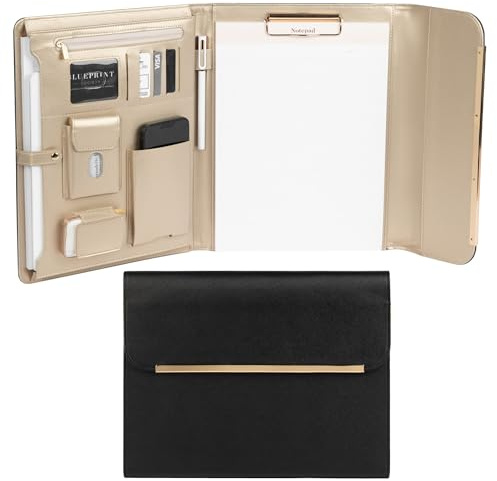BLU MONACO | Black Vegan Leather Portfolio Binder for Women | Professional Padfolio with Magnetic Closure & Gold Trim | Business Organizer Case for Documents & 8.5 x 11 Notepad