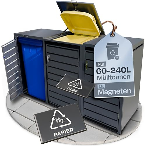 EDELFELD - Wetterfeste Mülltonnenbox für 3 Tonnen [bis 240L] - Abschließbare Mülltonnenverkleidung aus massivem Stahl - 3er Mülltonnenbox mit Soft Close - Inkl. Magnete zur Müllbox Beschriftung